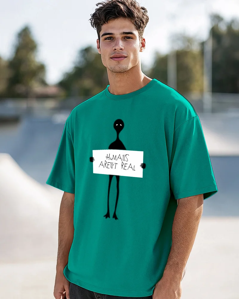 bewakoof Men's Green Humans Aren't Real Graphic Printed Oversized T-shirt